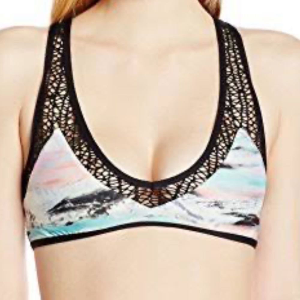 Reef Black Halter Cross Back Bathing Suit Top Sz M Colorful Wave Print Sz M